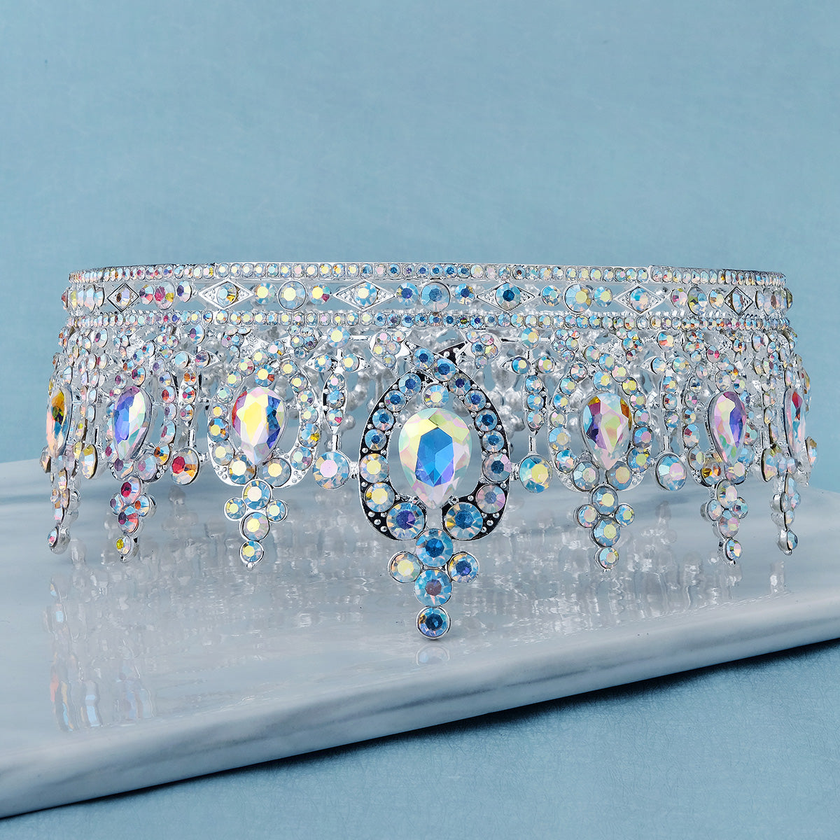 Miallo Silver AB stone Women Crystal Headdress Prom Pageant Full Round Circle Crowns Vintage Baroque Tiara Crowns TS-J3148