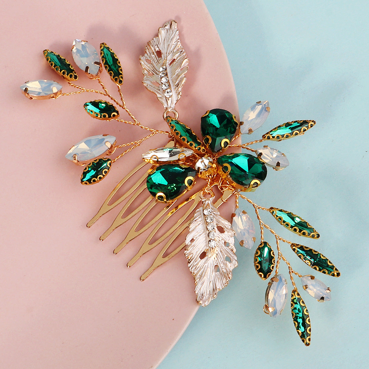 Miallo Vintage Gold Leaves and Crystal Side Comb for Wedding Elegant Green Rhinestones Bridal Hair Accessories HS-J7146GGREEN