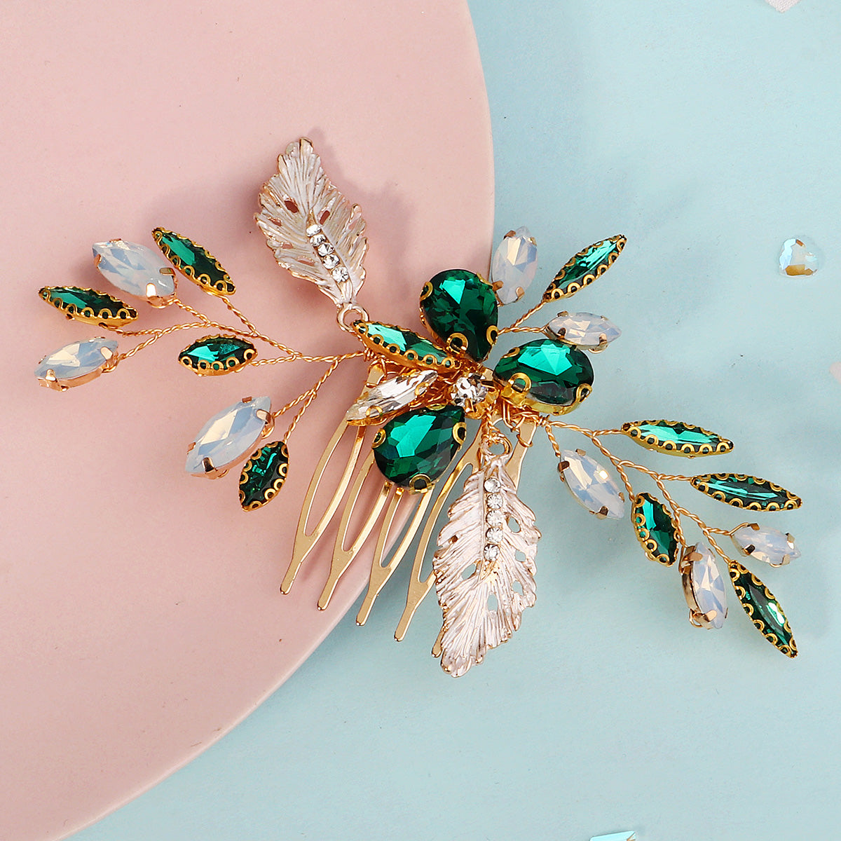 Miallo Vintage Gold Leaves and Crystal Side Comb for Wedding Elegant Green Rhinestones Bridal Hair Accessories HS-J7146GGREEN