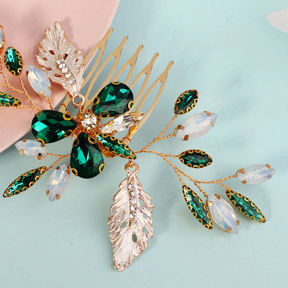 Miallo Vintage Gold Leaves and Crystal Side Comb for Wedding Elegant Green Rhinestones Bridal Hair Accessories HS-J7146GGREEN