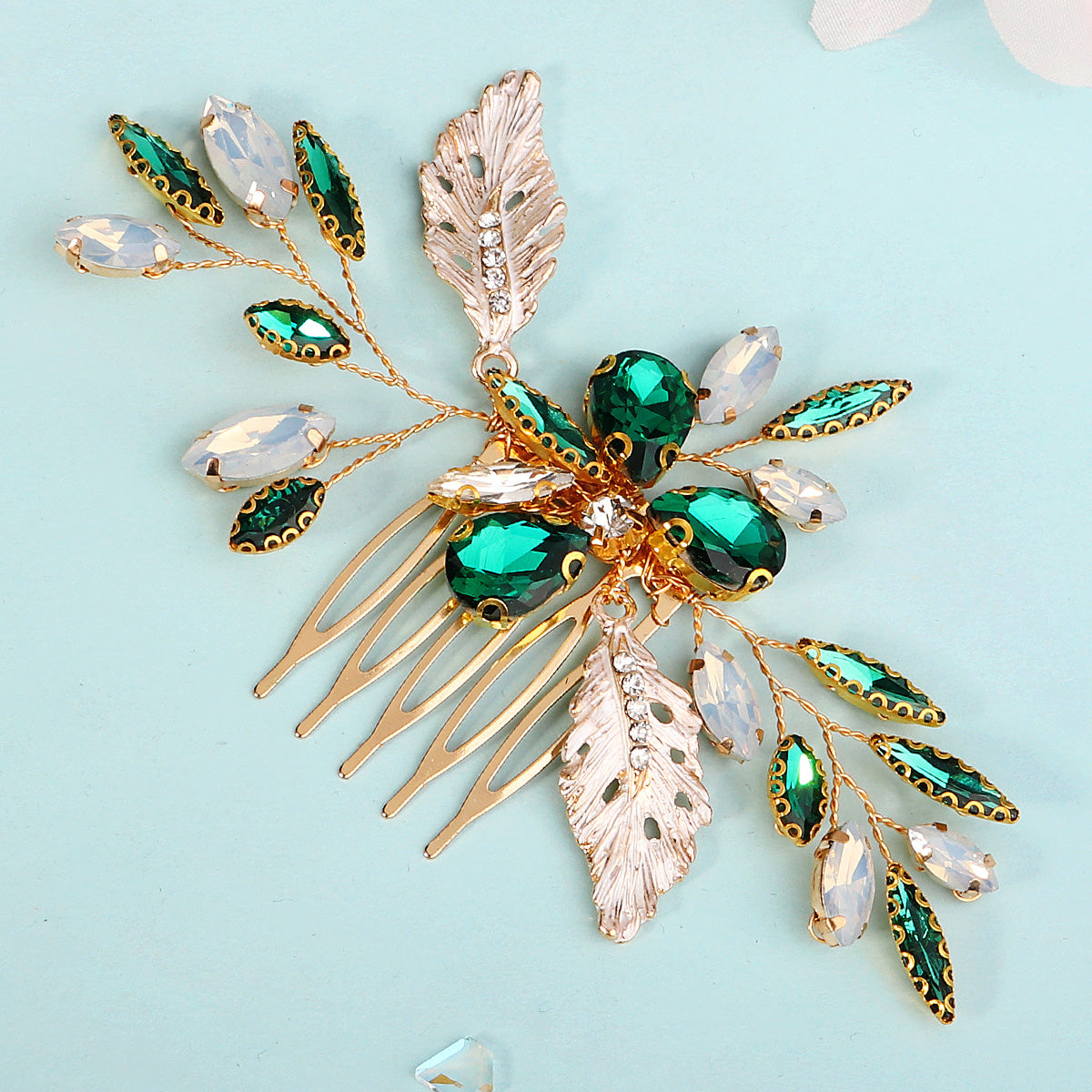 Miallo Vintage Gold Leaves and Crystal Side Comb for Wedding Elegant Green Rhinestones Bridal Hair Accessories HS-J7146GGREEN
