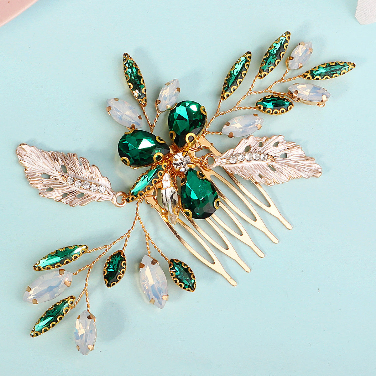 Miallo Vintage Gold Leaves and Crystal Side Comb for Wedding Elegant Green Rhinestones Bridal Hair Accessories HS-J7146GGREEN