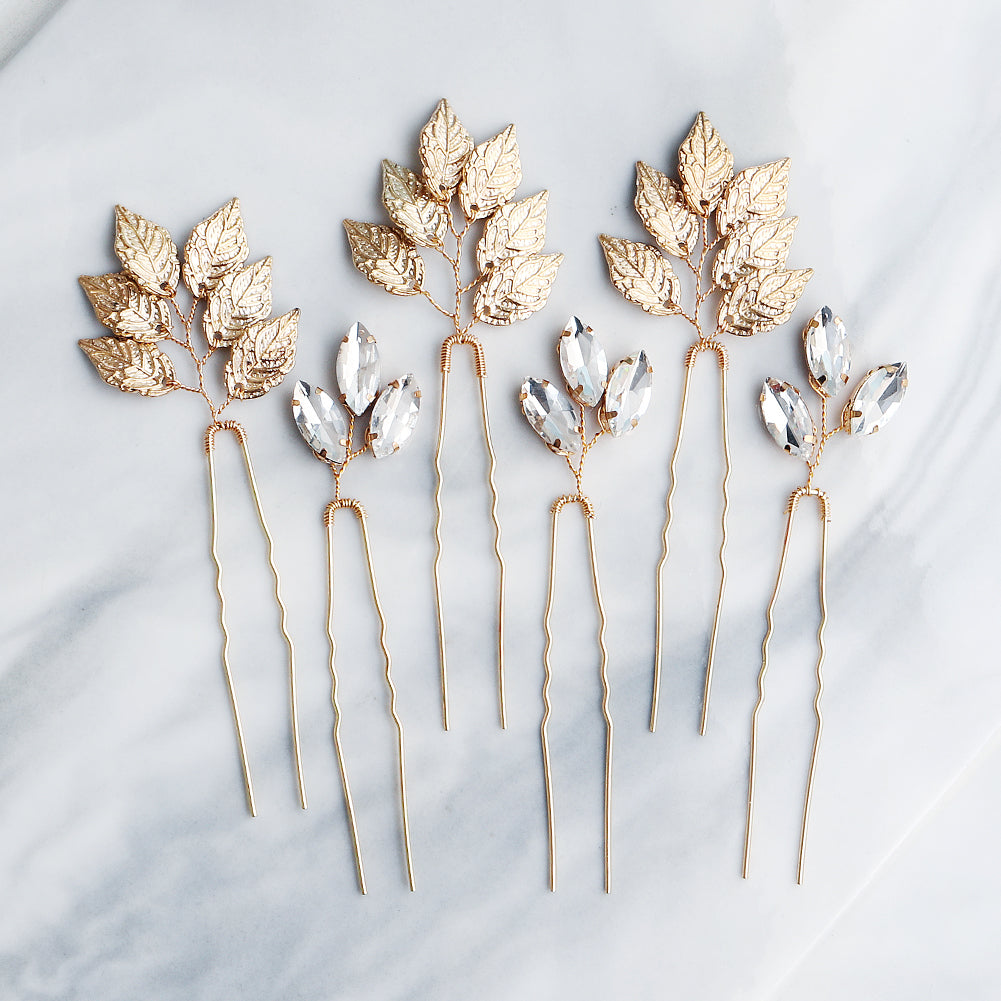 Miallo High Quality Trendy Elegant Rhinestone Hair pins (6pcs/pack) Alloy Leaves Wedding Party Hair Accessories For Girls HS-J5907