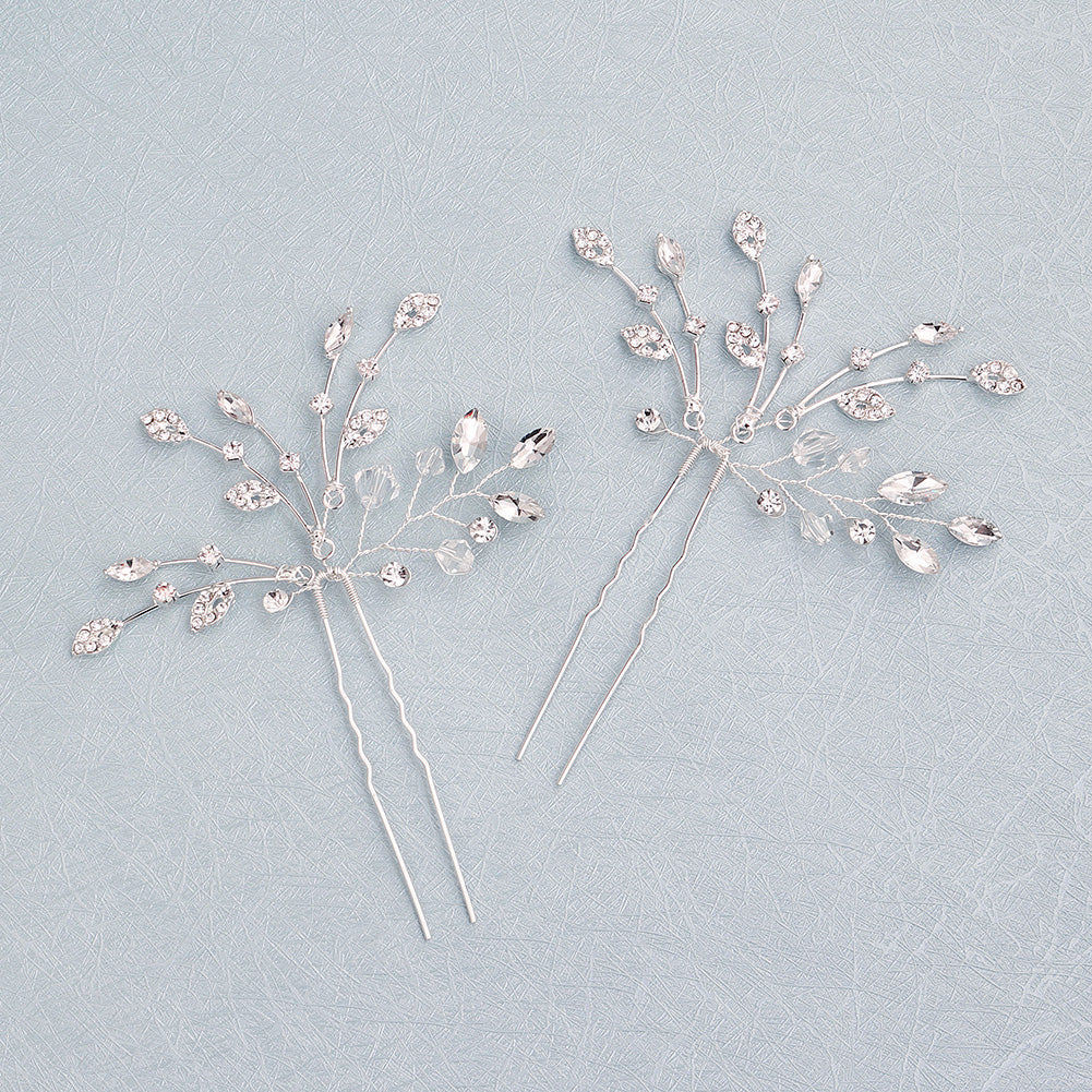 Miallo Fashion Elegant Rhinestone Leaf Hair Pins(2 pcs/pack) Simple Shiny Crystal Beads Bridal Wedding Hair Accessories HS-J4334