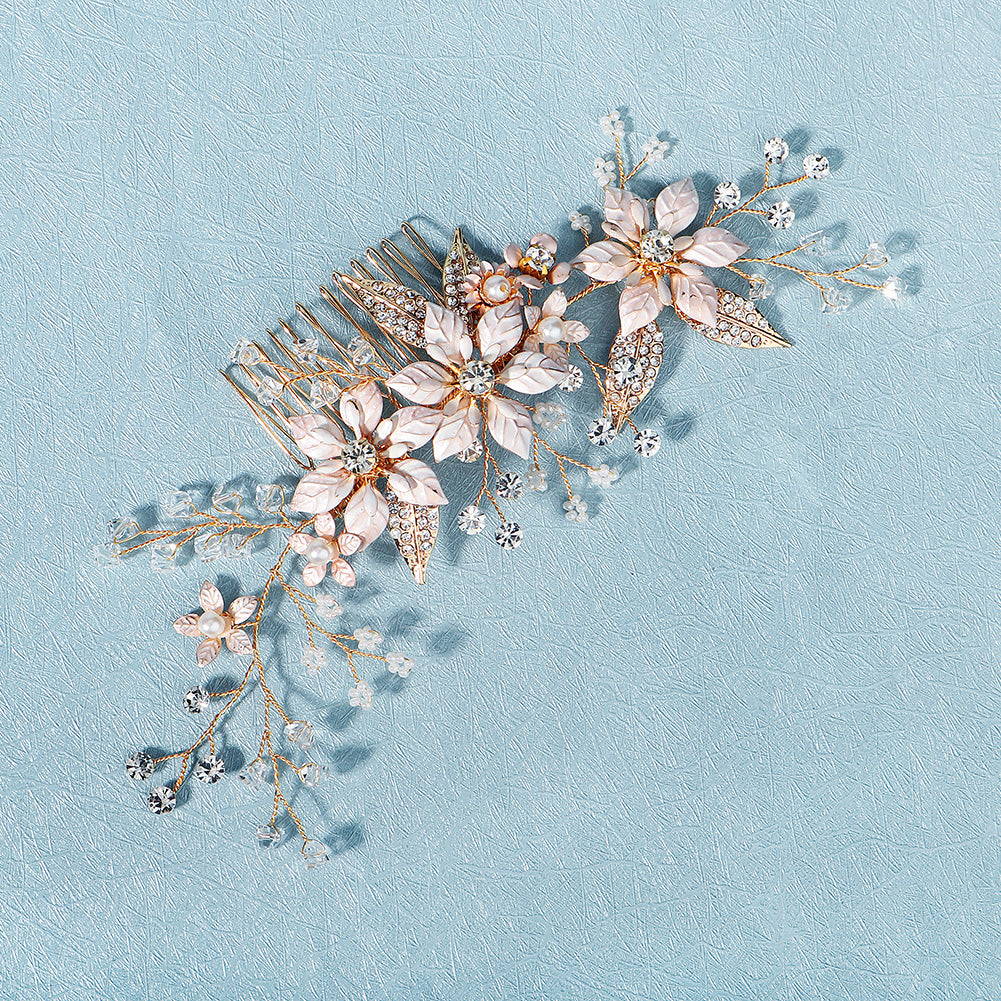 Miallo Gold Metal Flower With Rhinestones Leaves Crystal Floral Handmade Bridal Hair Clip Headpieces Hair Comb For Wedding HS-J6294