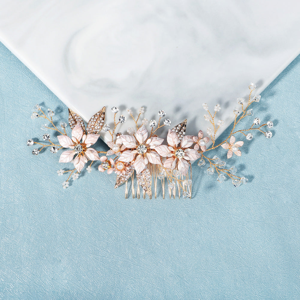 Miallo Gold Metal Flower With Rhinestones Leaves Crystal Floral Handmade Bridal Hair Clip Headpieces Hair Comb For Wedding HS-J6294