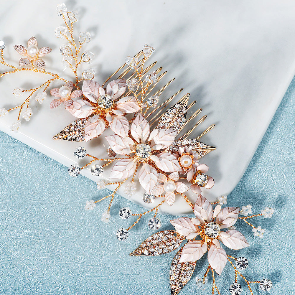 Miallo Gold Metal Flower With Rhinestones Leaves Crystal Floral Handmade Bridal Hair Clip Headpieces Hair Comb For Wedding HS-J6294