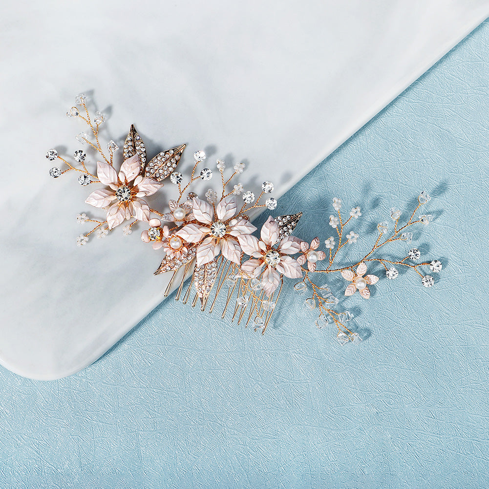 Miallo Gold Metal Flower With Rhinestones Leaves Crystal Floral Handmade Bridal Hair Clip Headpieces Hair Comb For Wedding HS-J6294