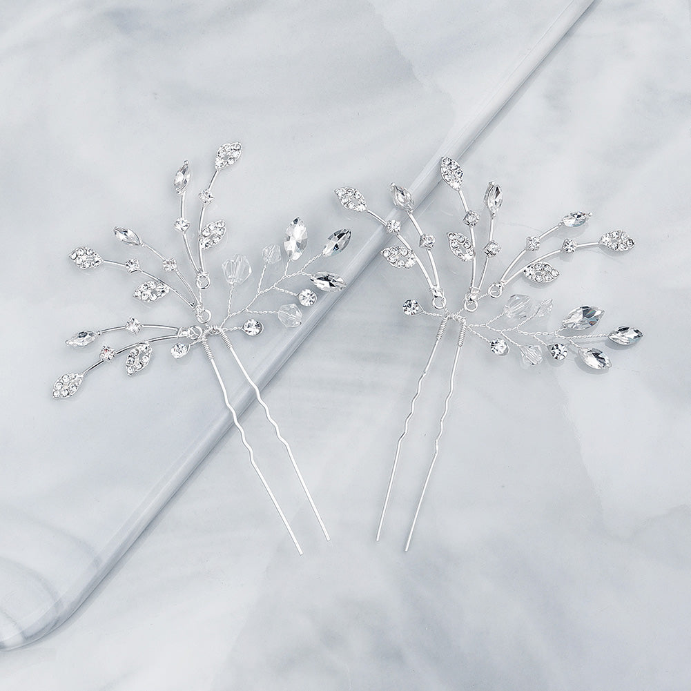 Miallo Fashion Elegant Rhinestone Leaf Hair Pins(2 pcs/pack) Simple Shiny Crystal Beads Bridal Wedding Hair Accessories HS-J4334