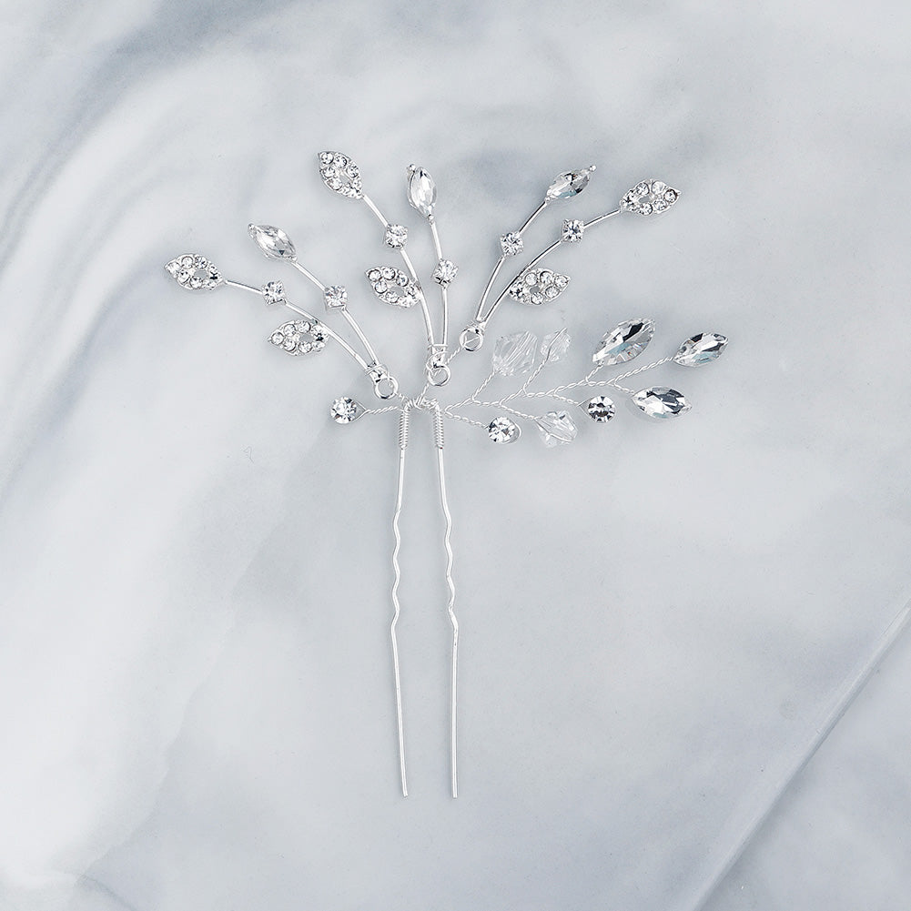 Miallo Fashion Elegant Rhinestone Leaf Hair Pins(2 pcs/pack) Simple Shiny Crystal Beads Bridal Wedding Hair Accessories HS-J4334