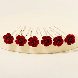 Miallo Red Fabric Rose Flower Hair Pins 12pcs/pack Simple Versatile Hair Accessories HS-J6516RED