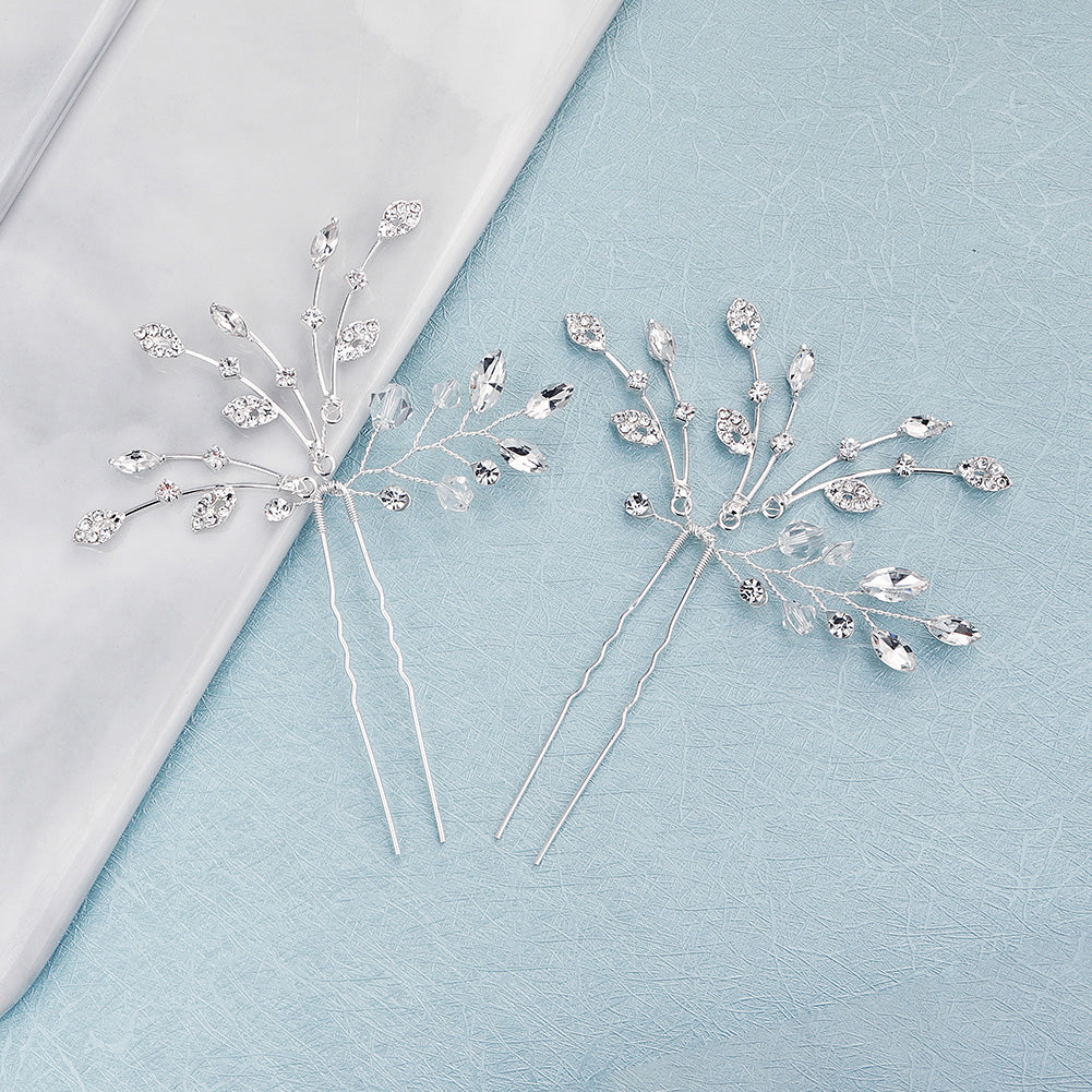 Miallo Fashion Elegant Rhinestone Leaf Hair Pins(2 pcs/pack) Simple Shiny Crystal Beads Bridal Wedding Hair Accessories HS-J4334
