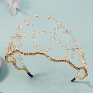 Miallo Fashion Handmade Netted Hairband Gold Crystal Beaded Rhinestone Bride Wedding Hair Accessories for Women and Girls TS-J3359