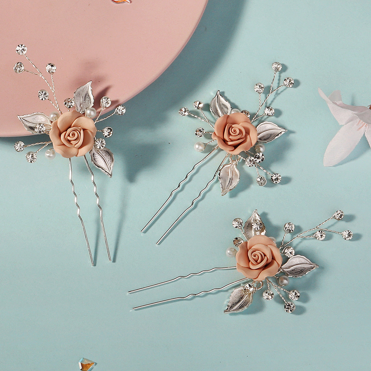 Miallo Elegant Pink RoseU Shaped Hairpins (3pcs/pack) Handmade Femo Flower Hair Accessories Wedding Bridal For Girls Birthday Gift HS-J6995SPINK
