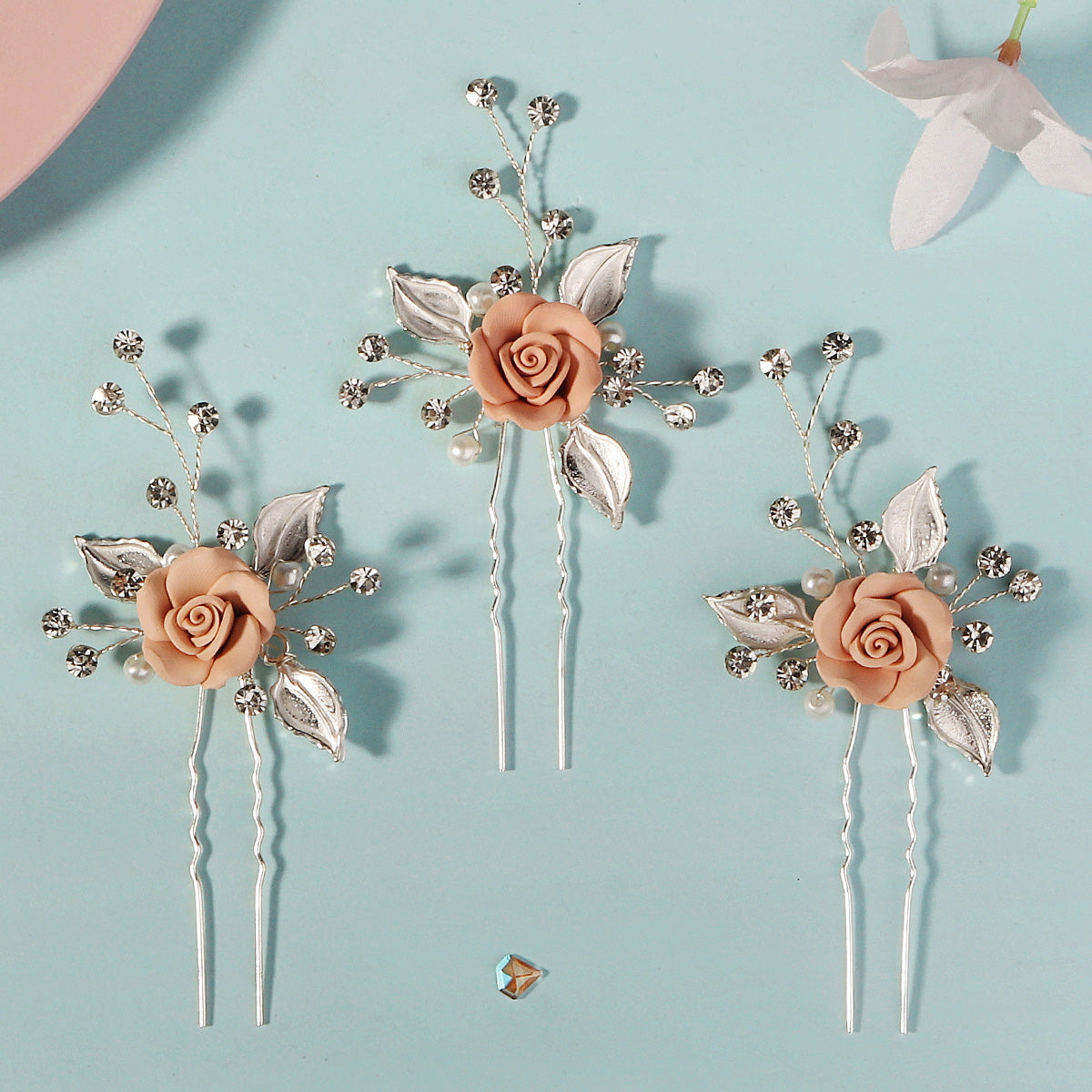 Miallo Elegant Pink RoseU Shaped Hairpins (3pcs/pack) Handmade Femo Flower Hair Accessories Wedding Bridal For Girls Birthday Gift HS-J6995SPINK