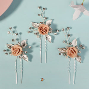 Miallo Elegant Pink RoseU Shaped Hairpins (3pcs/pack) Handmade Femo Flower Hair Accessories Wedding Bridal For Girls Birthday Gift HS-J6995SPINK