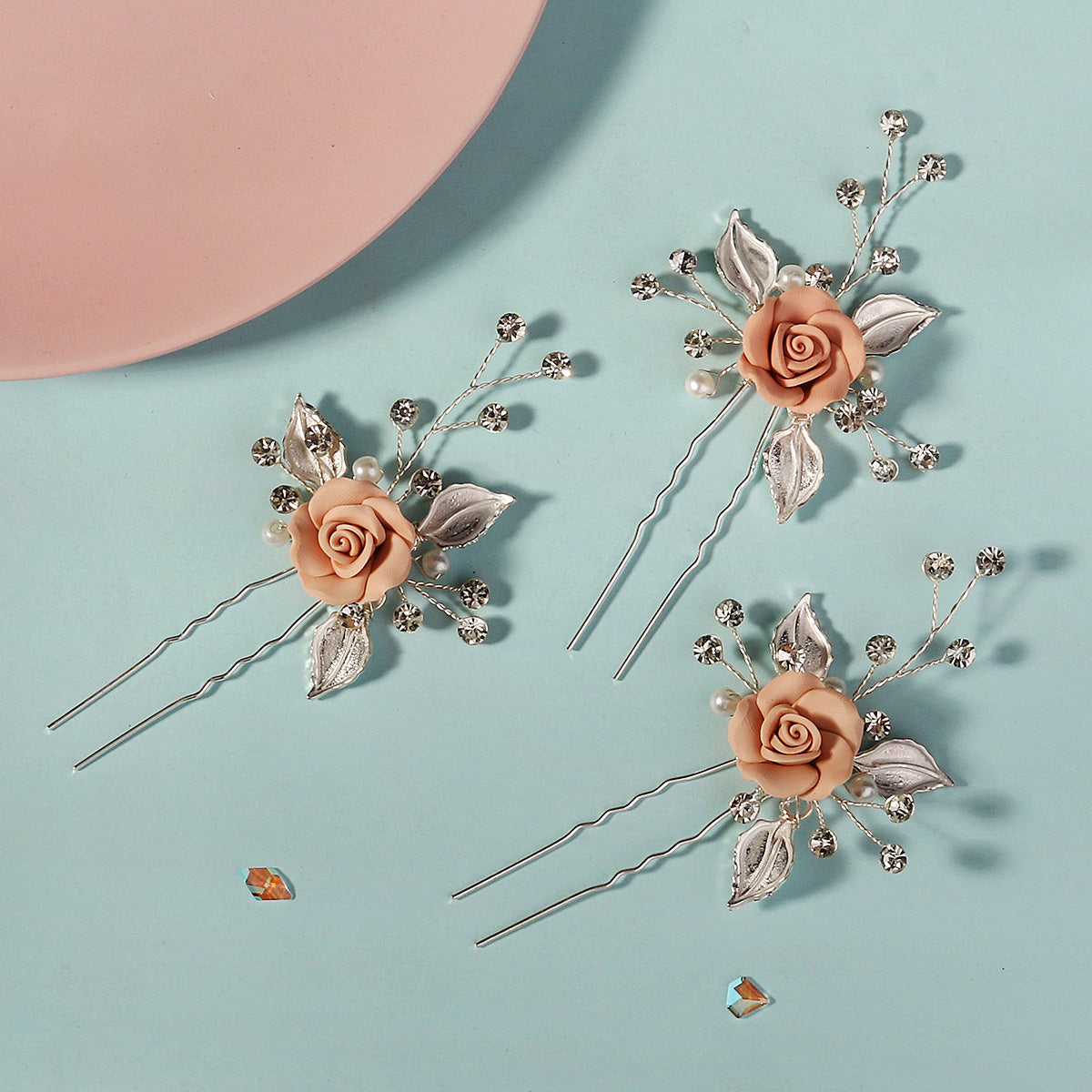 Miallo Elegant Pink RoseU Shaped Hairpins (3pcs/pack) Handmade Femo Flower Hair Accessories Wedding Bridal For Girls Birthday Gift HS-J6995SPINK