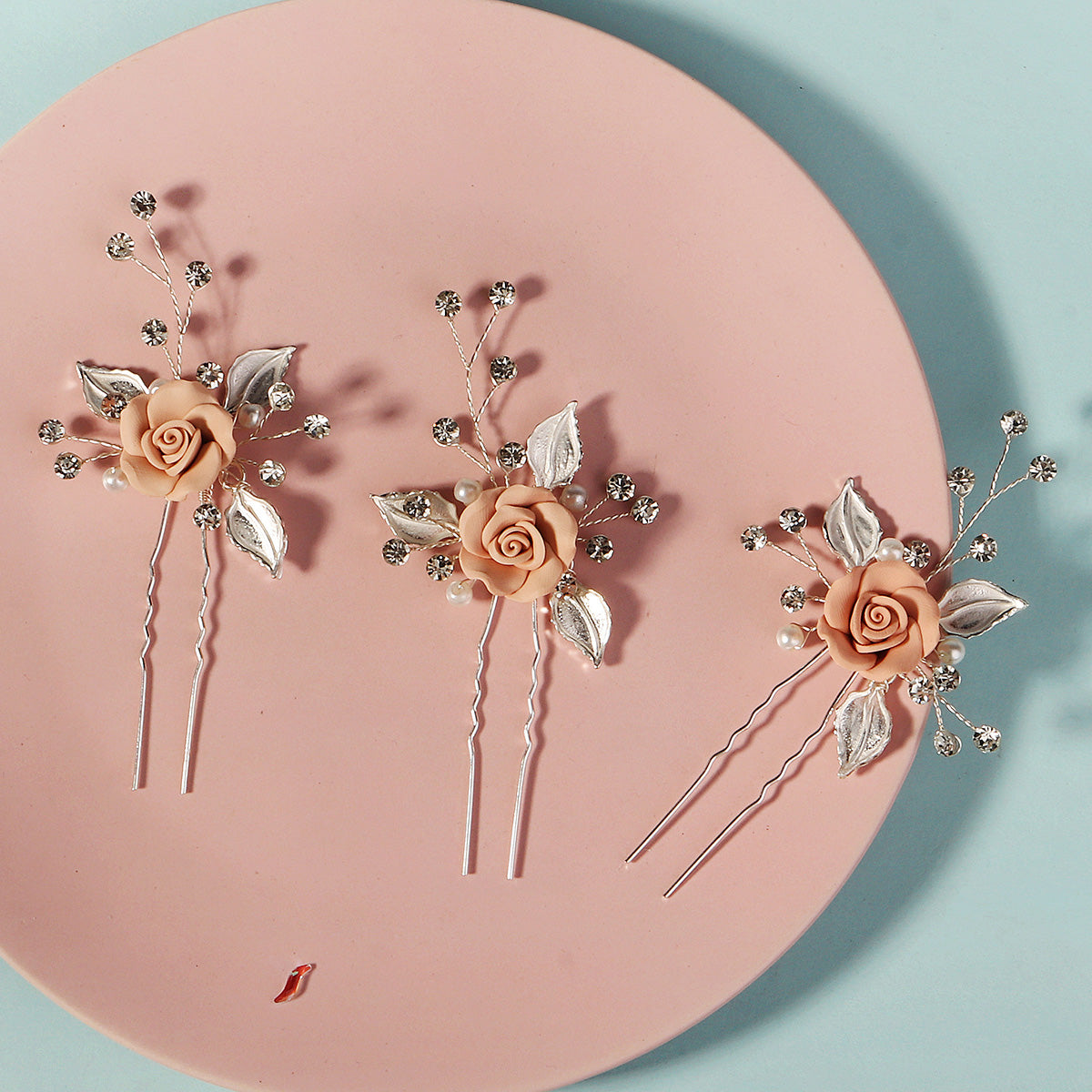 Miallo Elegant Pink RoseU Shaped Hairpins (3pcs/pack) Handmade Femo Flower Hair Accessories Wedding Bridal For Girls Birthday Gift HS-J6995SPINK