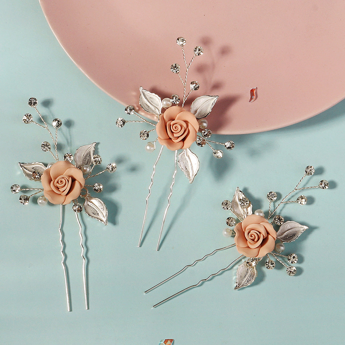 Miallo Elegant Pink RoseU Shaped Hairpins (3pcs/pack) Handmade Femo Flower Hair Accessories Wedding Bridal For Girls Birthday Gift HS-J6995SPINK
