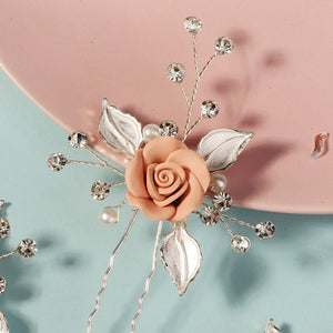 Miallo Elegant Pink RoseU Shaped Hairpins (3pcs/pack) Handmade Femo Flower Hair Accessories Wedding Bridal For Girls Birthday Gift HS-J6995SPINK