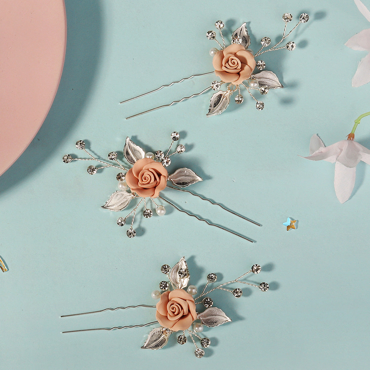 Miallo Elegant Pink RoseU Shaped Hairpins (3pcs/pack) Handmade Femo Flower Hair Accessories Wedding Bridal For Girls Birthday Gift HS-J6995SPINK