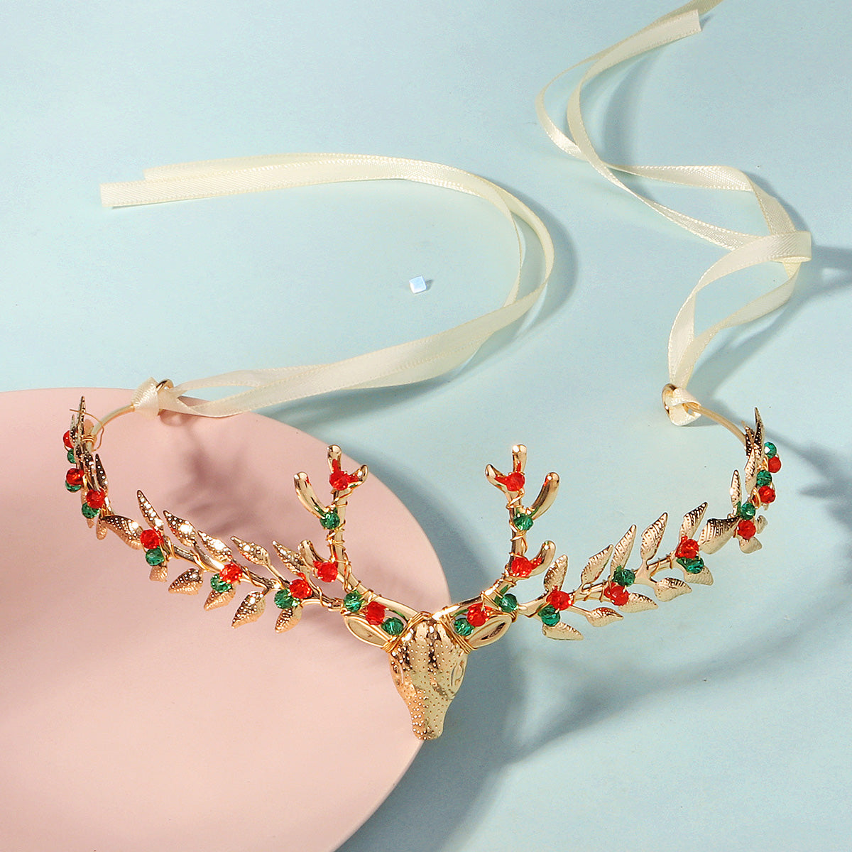 Miallo Exquisite Christmas Antler Hairband Crown (2 pcs/pack) Red Green Crystal Copper Wire Crown Tiara Christmas Hair Decoration Accessories TS-J3375G