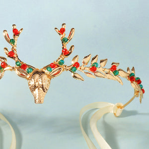 Miallo Exquisite Christmas Antler Hairband Crown (2 pcs/pack) Red Green Crystal Copper Wire Crown Tiara Christmas Hair Decoration Accessories TS-J3375G