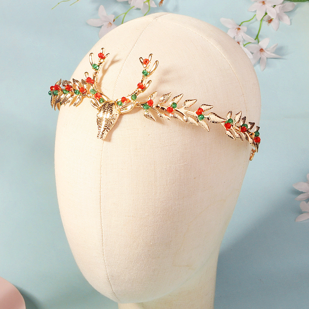 Miallo Exquisite Christmas Antler Hairband Crown (2 pcs/pack) Red Green Crystal Copper Wire Crown Tiara Christmas Hair Decoration Accessories TS-J3375G