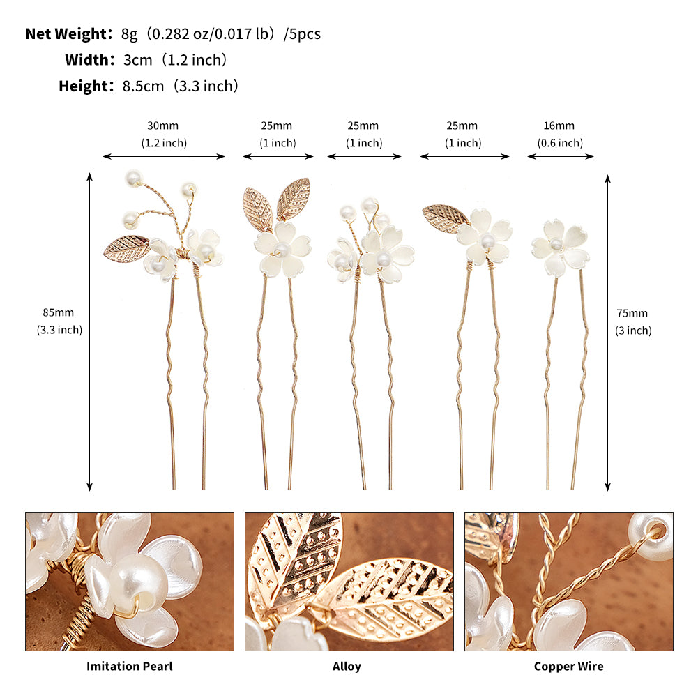 Miallo Vintage Pearl Flower Hair Pins (5pcs/pack) Gold Leaves Delicate Handmade Crystal Wedding Hair Accessories HS-J6990G