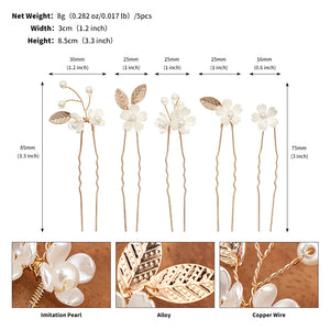 Miallo Vintage Pearl Flower Hair Pins (5pcs/pack) Gold Leaves Delicate Handmade Crystal Wedding Hair Accessories HS-J6990G