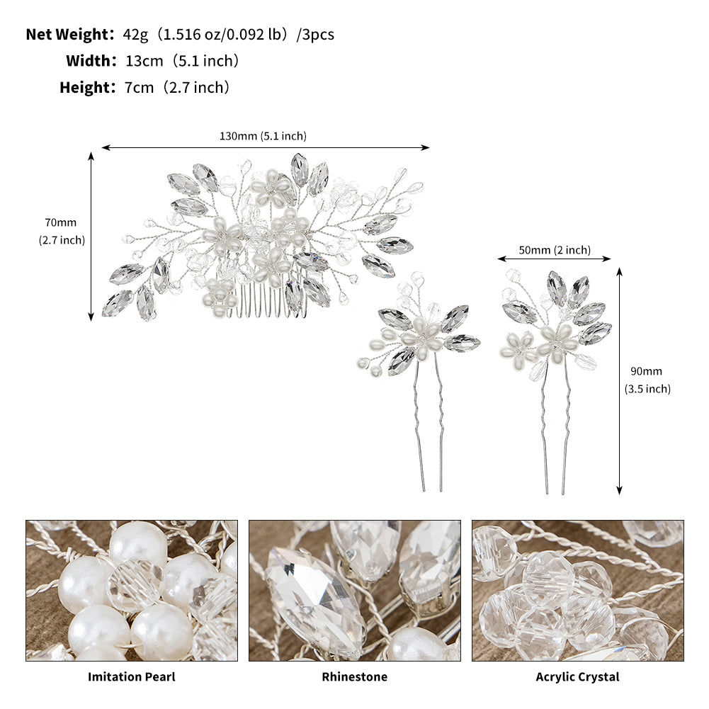 Miallo Exquisite Crystal Rhinestones Flower Leaf Pearl Hair Comb Hair Pins 3pcs/set Women Jewelry HS-J6971