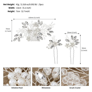 Miallo Exquisite Crystal Rhinestones Flower Leaf Pearl Hair Comb Hair Pins 3pcs/set Women Jewelry HS-J6971