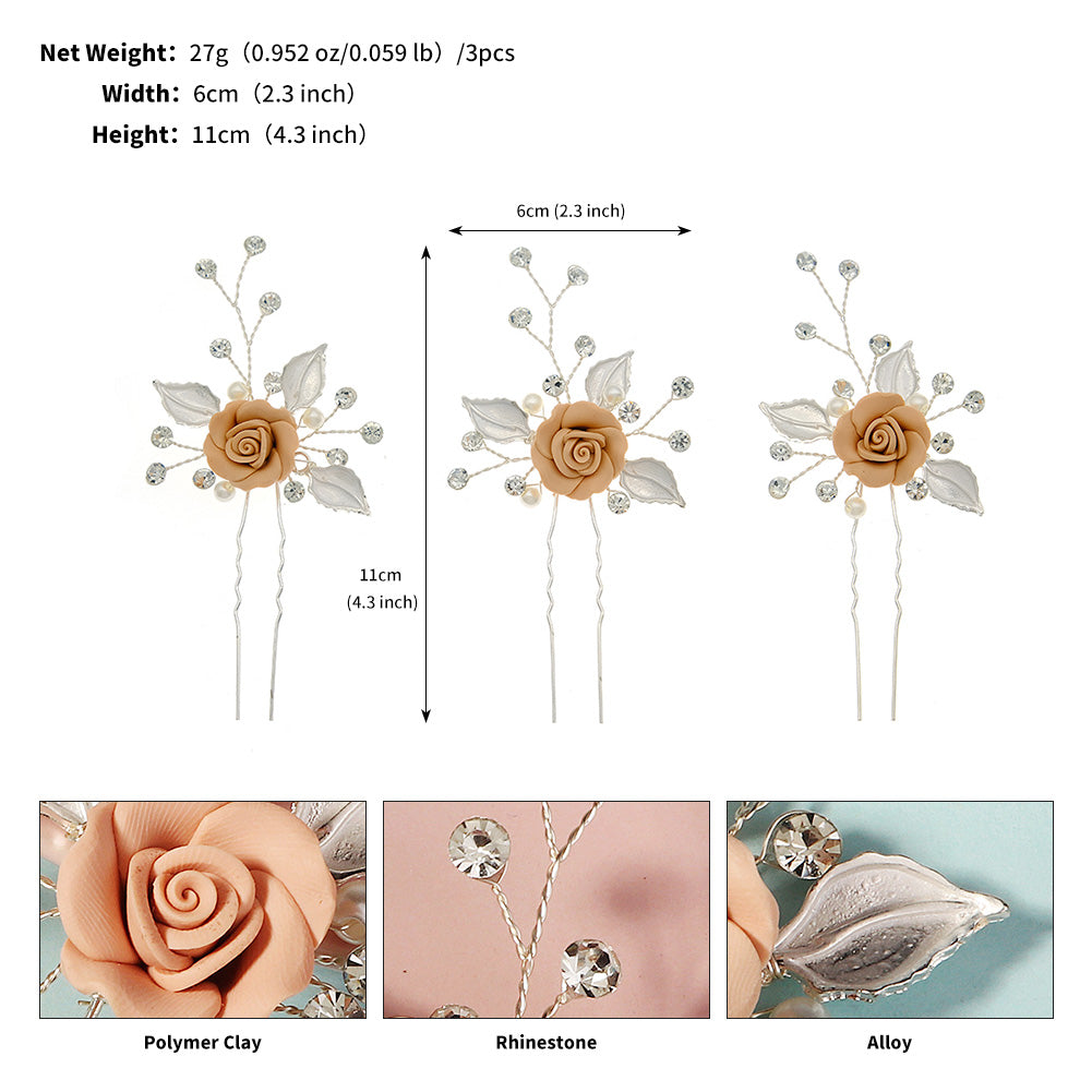 Miallo Elegant Pink RoseU Shaped Hairpins (3pcs/pack) Handmade Femo Flower Hair Accessories Wedding Bridal For Girls Birthday Gift HS-J6995SPINK