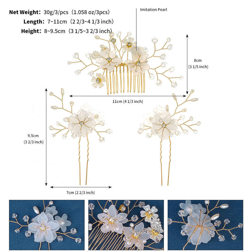 Miallo Rhinestone crystal Wedding Hair Comb Handmade Vintage U Shaped Hairpins Resin Flower Wedding Pearl Jewelry Sets(3 pcs/set) HS-J6424