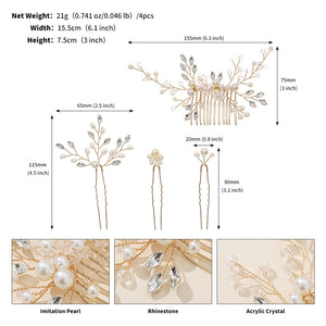 Miallo Gold 4Pcs/set Ceramic Flower Bridal Hair Comb Pin Handmade Rhinestone Pearl Side Comb Wedding Set Elegant Fashion Hair Jewelry HS-J7073G