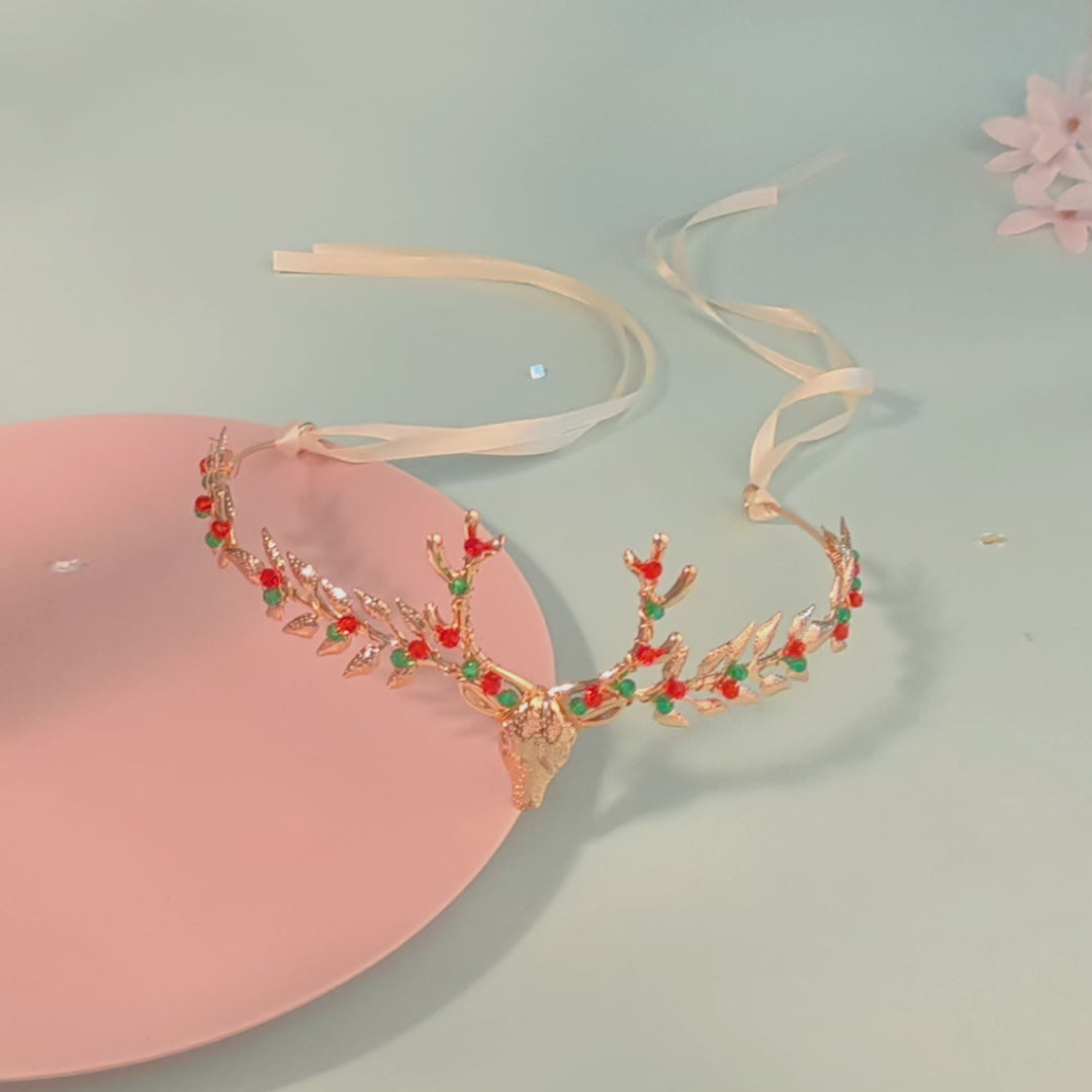 Miallo Exquisite Christmas Antler Hairband Crown (2 pcs/pack) Red Green Crystal Copper Wire Crown Tiara Christmas Hair Decoration Accessories TS-J3375G