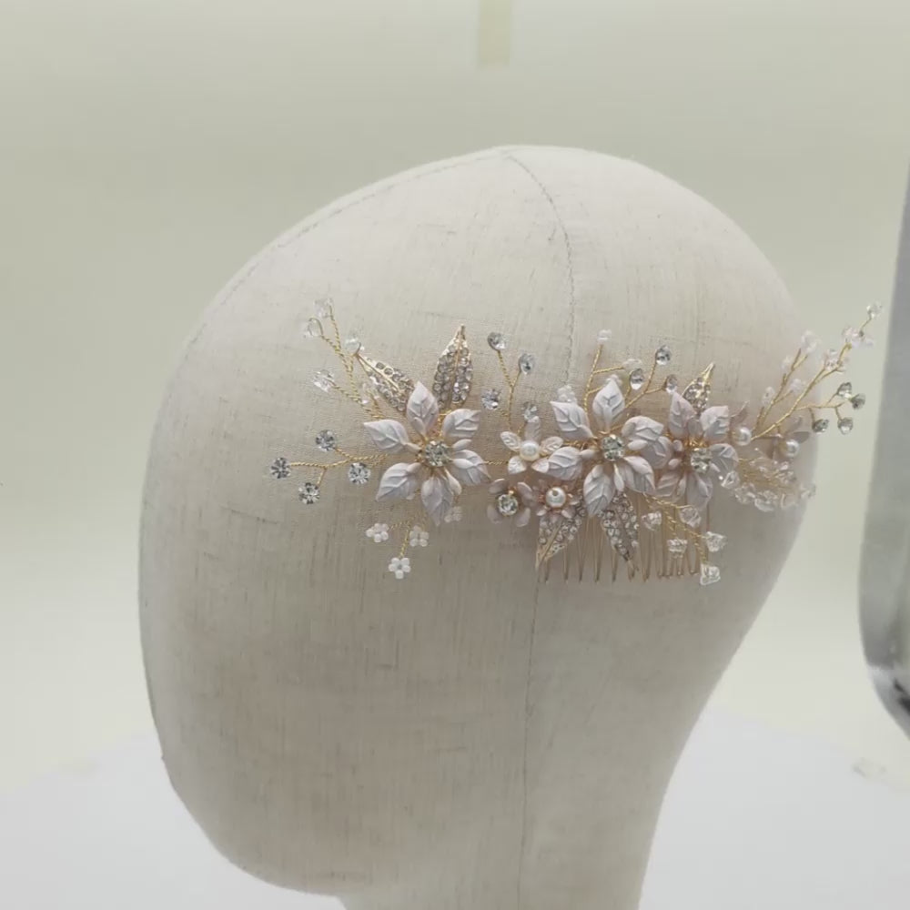 Miallo Gold Metal Flower With Rhinestones Leaves Crystal Floral Handmade Bridal Hair Clip Headpieces Hair Comb For Wedding HS-J6294