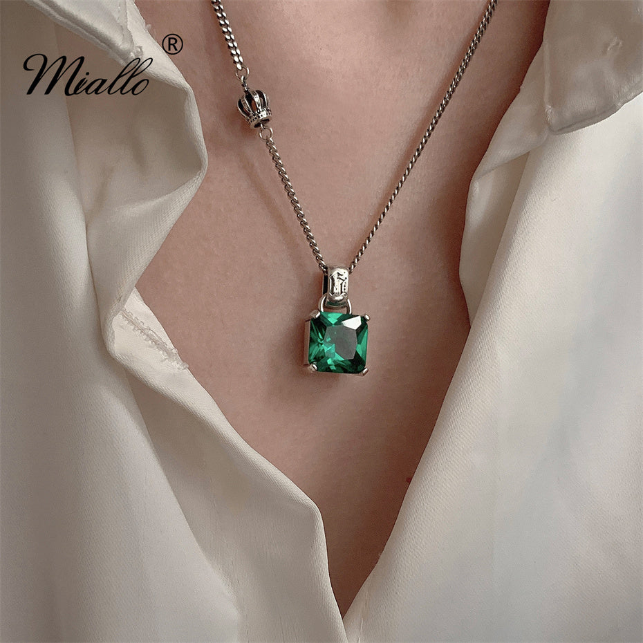 [miallo ] Necklace N10 Vintage Silver Crown Green Zircon Necklace