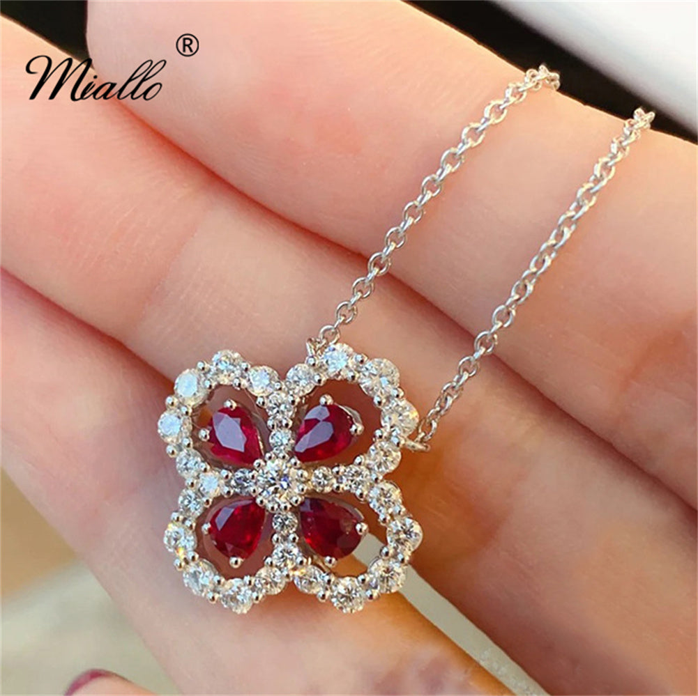 Red Cubic Zirconia Clover Necklace N3