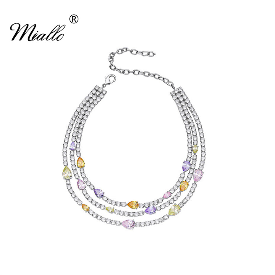 [miallo] Necklace N7 Colorful CZ Stone Three Layers Necklace