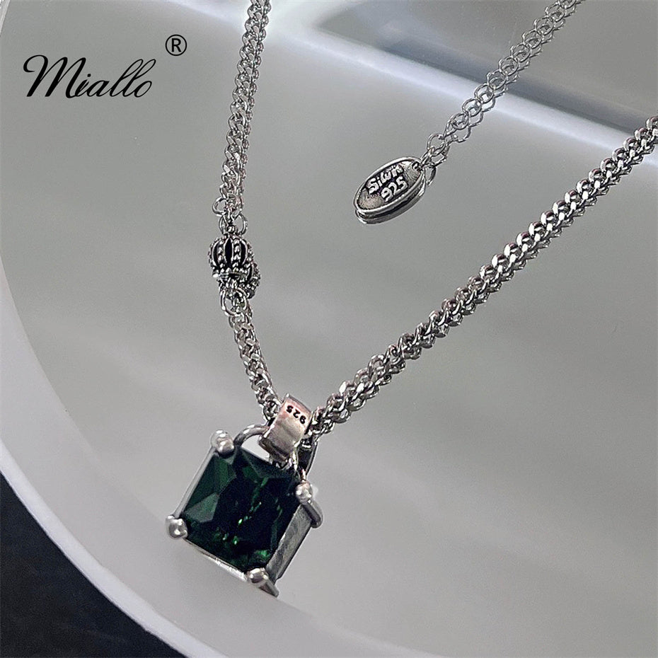 [miallo ] Necklace N10 Vintage Silver Crown Green Zircon Necklace