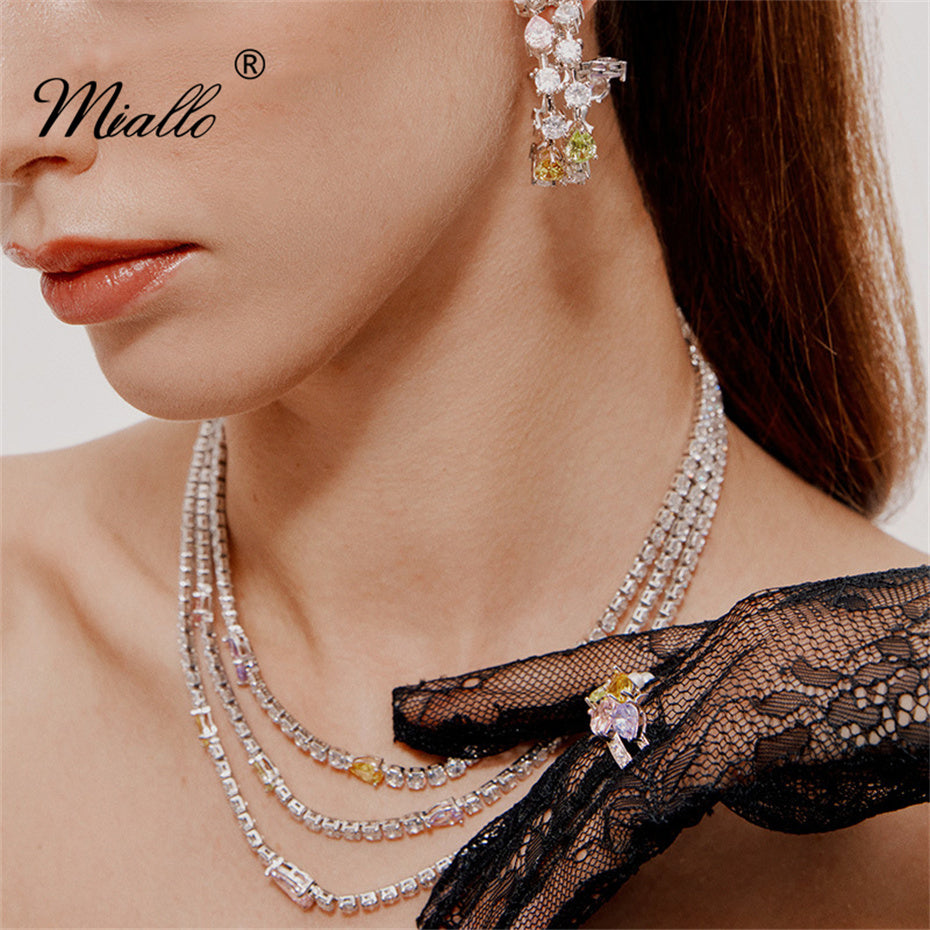 [miallo] Necklace N7 Colorful CZ Stone Three Layers Necklace