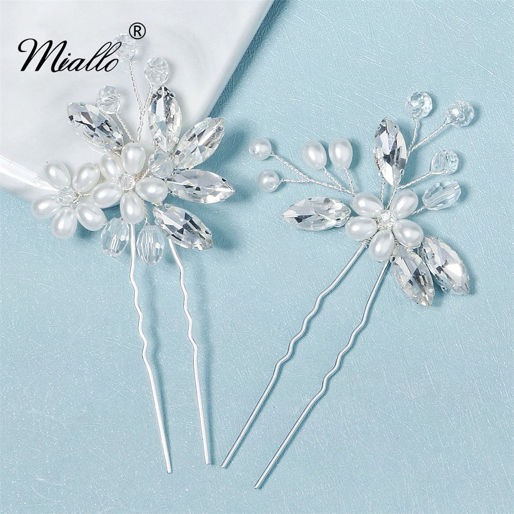 [miallo] Hairpins HS-J6396 2pcs/set Flower Pearl Rhinestone Hair Pins