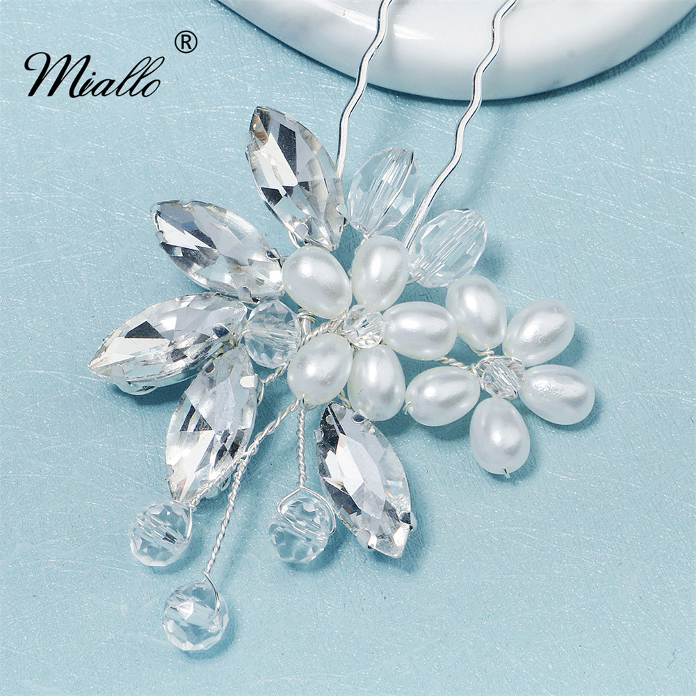 [miallo] Hairpins HS-J6396 2pcs/set Flower Pearl Rhinestone Hair Pins