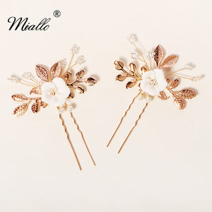 [miallo] Hairpins HS-J6425 2pcs/set Crystal Flower Gold Leaf Hair Pins